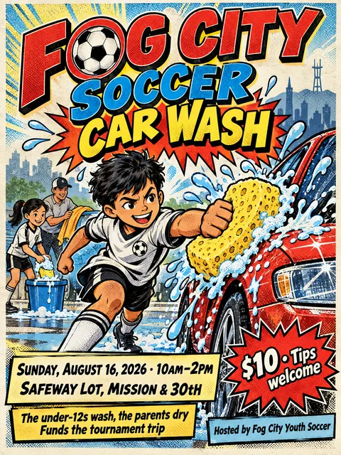 Comic Book style party flyer for a fictional car-wash: Fog City Soccer Car Wash