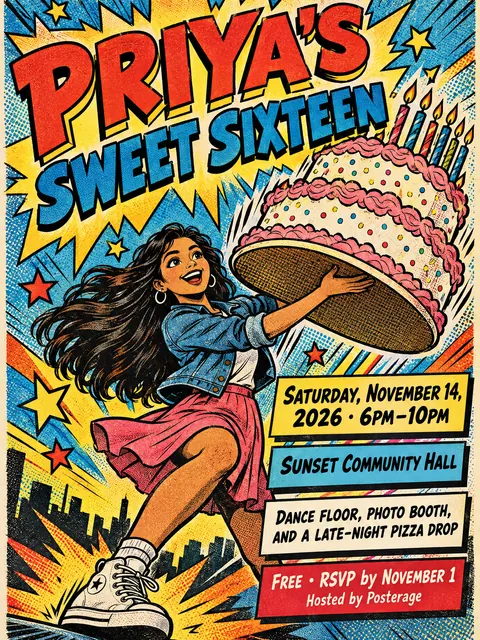 Comic Book style party flyer for a fictional birthday: Priya's Sweet Sixteen