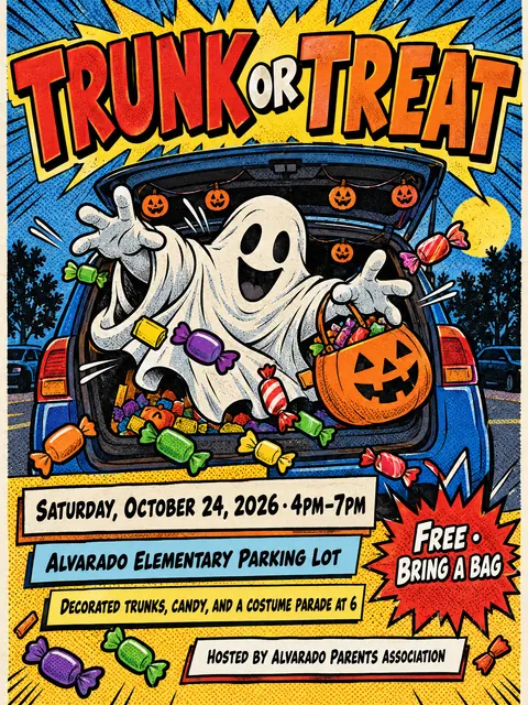 Comic Book style party flyer for a fictional halloween: Trunk or Treat