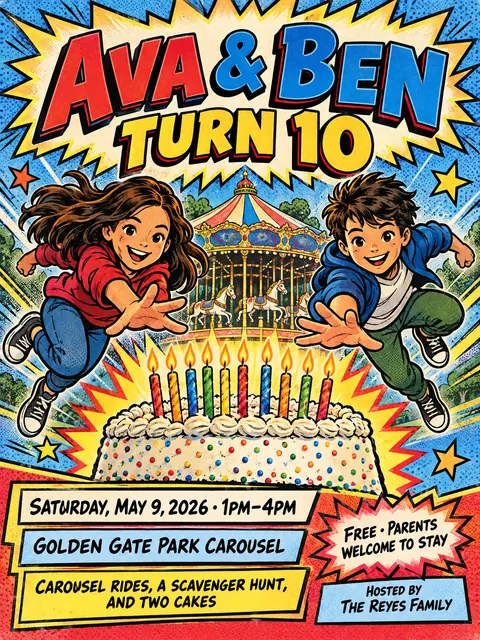 Comic Book style party flyer for a fictional birthday: Ava & Ben Turn 10