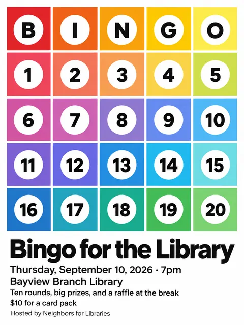 Concrete Art style party flyer for a fictional fundraiser: Bingo for the Library