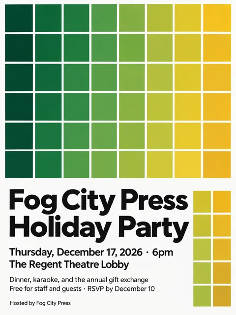 Concrete Art style party flyer for a fictional holiday: Fog City Press Holiday Party
