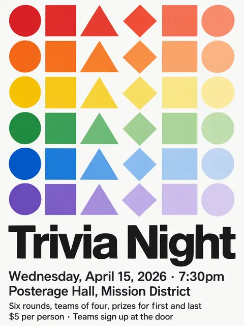 Concrete Art style party flyer for a fictional house: Trivia Night