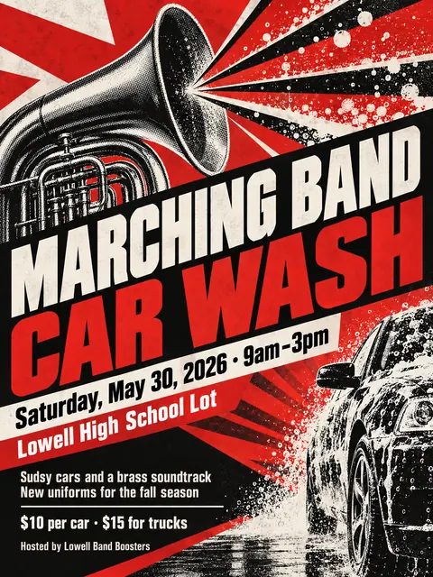 Constructivist style party flyer for a fictional car-wash: Marching Band Car Wash