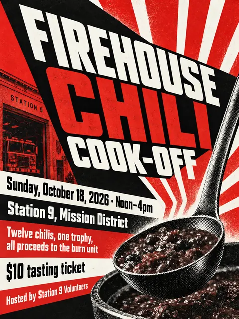 Constructivist style party flyer for a fictional fundraiser: Firehouse Chili Cook-off