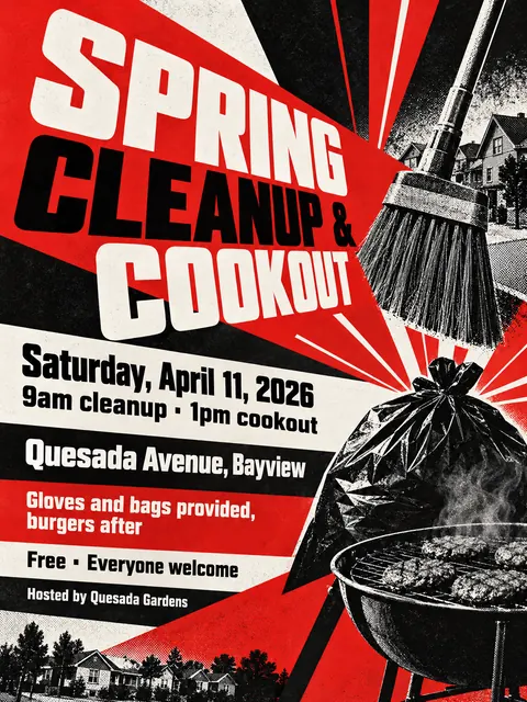 Constructivist style party flyer for a fictional block: Spring Cleanup & Cookout