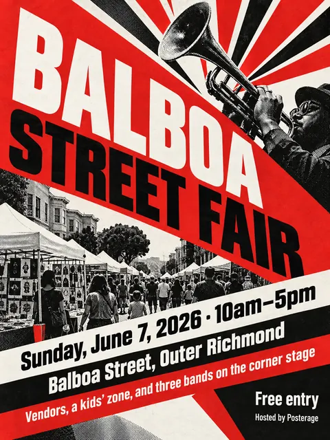 Constructivist style party flyer for a fictional block: Balboa Street Fair