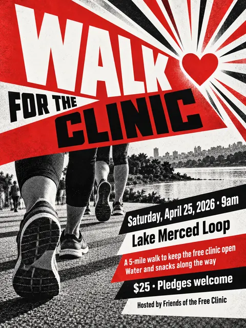 Constructivist style party flyer for a fictional fundraiser: Walk for the Clinic