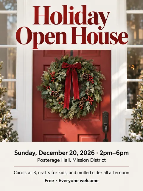Contemporary Editorial style party flyer for a fictional holiday: Holiday Open House