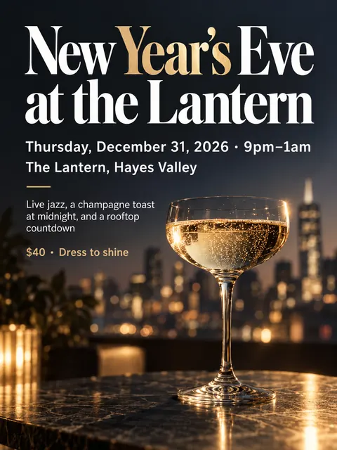 Contemporary Editorial style party flyer for a fictional holiday: New Year's Eve at the Lantern