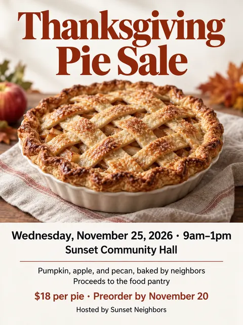Contemporary Editorial style party flyer for a fictional bake-sale: Thanksgiving Pie Sale