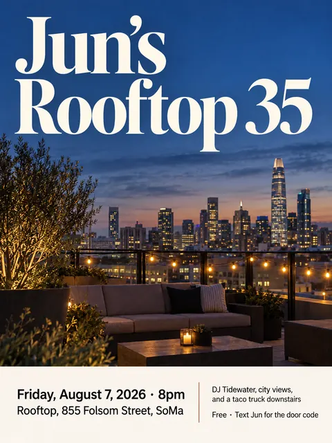 Contemporary Editorial style party flyer for a fictional birthday: Jun's Rooftop 35
