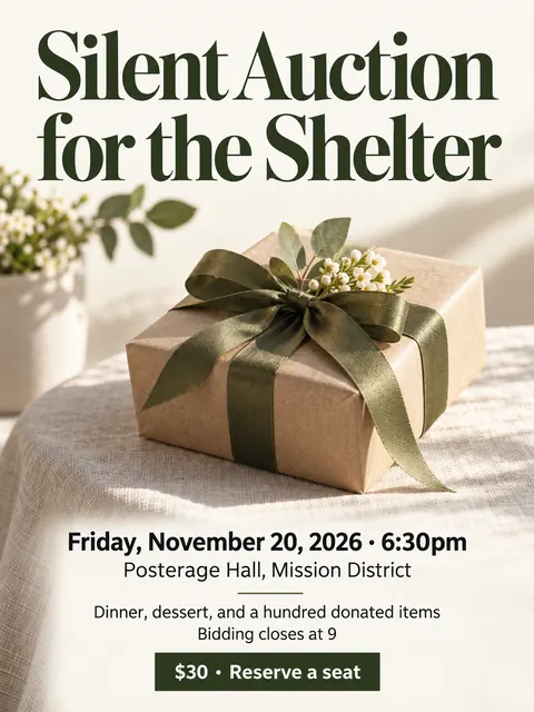 Contemporary Editorial style party flyer for a fictional fundraiser: Silent Auction for the Shelter
