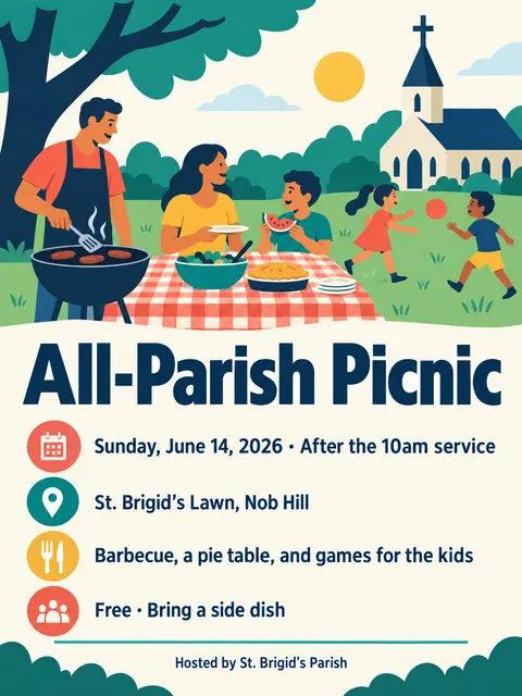 Contemporary Flat Illustration style party flyer for a fictional church: All-Parish Picnic