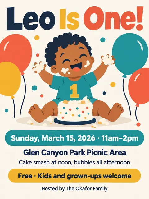 Contemporary Flat Illustration style party flyer for a fictional birthday: Leo Is One!