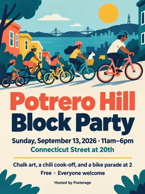 Contemporary Flat Illustration style party flyer for a fictional block: Potrero Hill Block Party