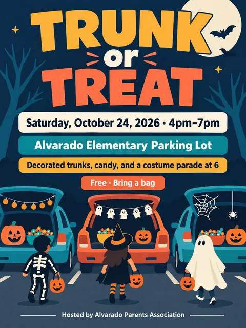 Contemporary Flat Illustration style party flyer for a fictional halloween: Trunk or Treat