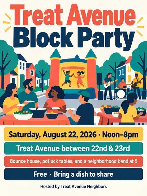 Contemporary Flat Illustration style party flyer for a fictional block: Treat Avenue Block Party