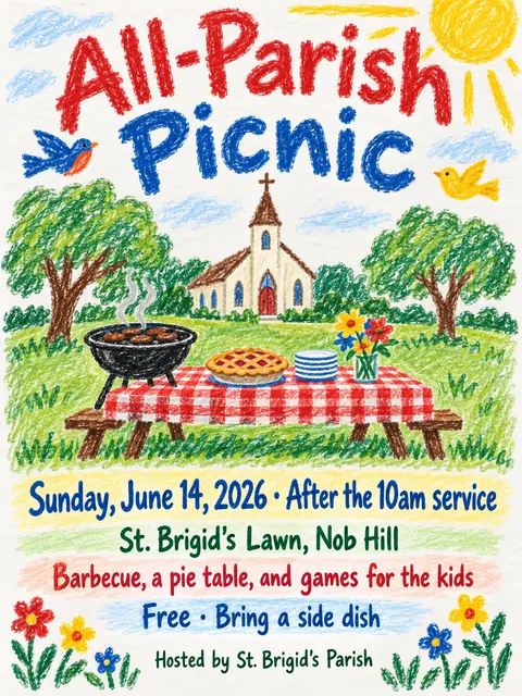Crayon Folk Handmade style party flyer for a fictional church: All-Parish Picnic