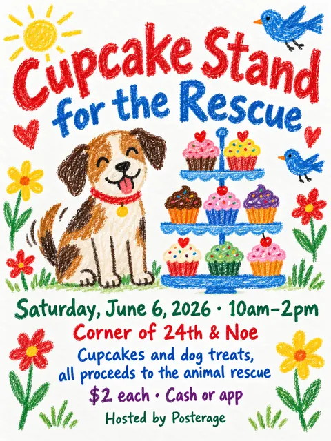 Crayon Folk Handmade style party flyer for a fictional bake-sale: Cupcake Stand for the Rescue