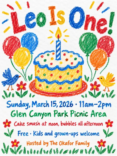 Crayon Folk Handmade style party flyer for a fictional birthday: Leo Is One!