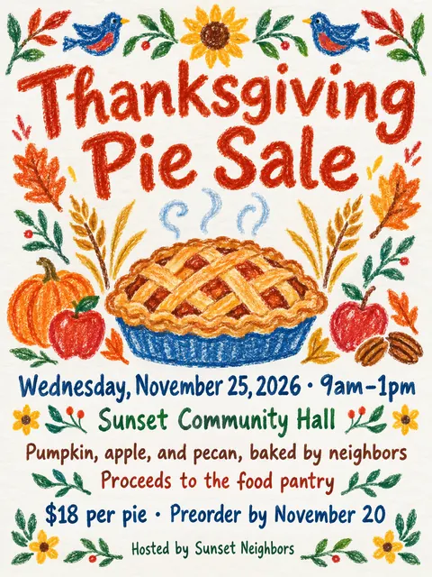 Crayon Folk Handmade style party flyer for a fictional bake-sale: Thanksgiving Pie Sale