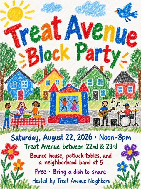 Crayon Folk Handmade style party flyer for a fictional block: Treat Avenue Block Party
