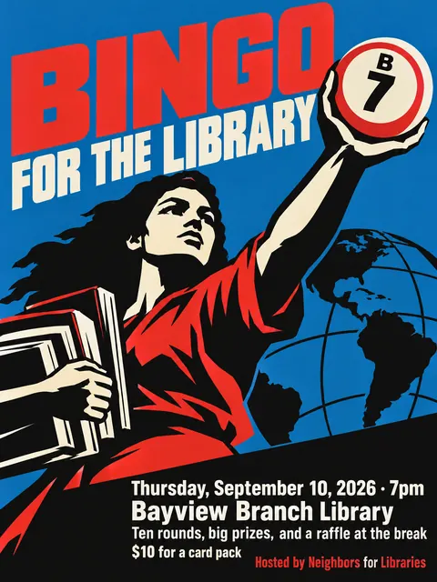 Cuban OSPAAAL Revolutionary style party flyer for a fictional fundraiser: Bingo for the Library