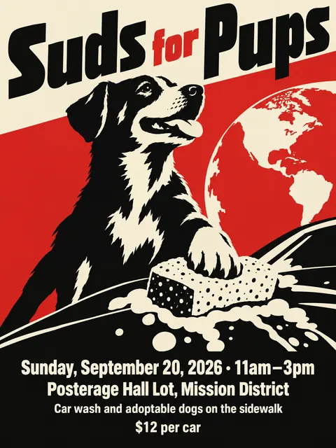 Cuban OSPAAAL Revolutionary style party flyer for a fictional car-wash: Suds for Pups