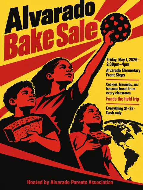 Cuban OSPAAAL Revolutionary style party flyer for a fictional bake-sale: Alvarado Bake Sale