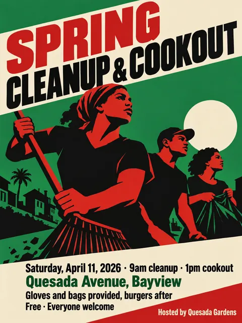 Cuban OSPAAAL Revolutionary style party flyer for a fictional block: Spring Cleanup & Cookout