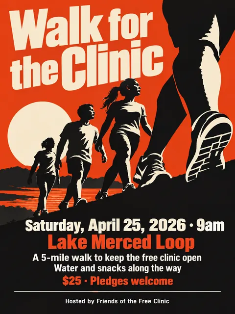Cuban OSPAAAL Revolutionary style party flyer for a fictional fundraiser: Walk for the Clinic