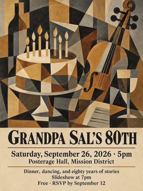 Cubist Exhibition Poster (1940s framing (Cubism 1907–1920s)) style party flyer for a fictional birthday: Grandpa Sal's 80th