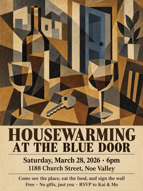 Cubist Exhibition Poster (1940s framing (Cubism 1907–1920s)) style party flyer for a fictional house: Housewarming at the Blue Door