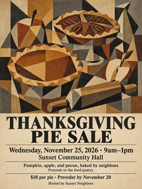 Cubist Exhibition Poster (1940s framing (Cubism 1907–1920s)) style party flyer for a fictional bake-sale: Thanksgiving Pie Sale