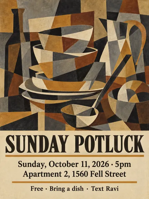 Cubist Exhibition Poster (1940s framing (Cubism 1907–1920s)) style party flyer for a fictional house: Sunday Potluck
