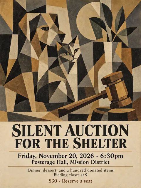 Cubist Exhibition Poster (1940s framing (Cubism 1907–1920s)) style party flyer for a fictional fundraiser: Silent Auction for the Shelter