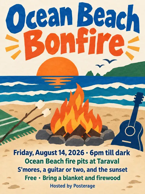 Cut paper style party flyer for a fictional pool: Ocean Beach Bonfire