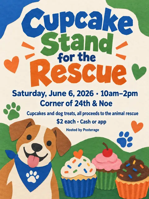 Cut paper style party flyer for a fictional bake-sale: Cupcake Stand for the Rescue