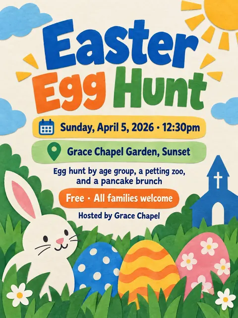 Cut paper style party flyer for a fictional church: Easter Egg Hunt