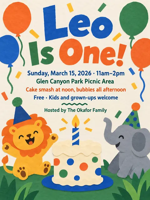 Cut paper style party flyer for a fictional birthday: Leo Is One!
