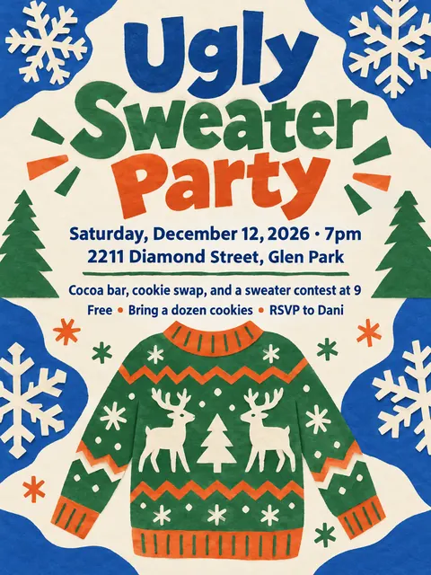 Cut paper style party flyer for a fictional holiday: Ugly Sweater Party