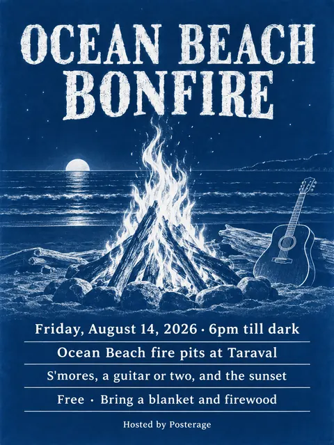 Cyanotype / Blueprint style party flyer for a fictional pool: Ocean Beach Bonfire