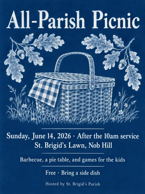 Cyanotype / Blueprint style party flyer for a fictional church: All-Parish Picnic