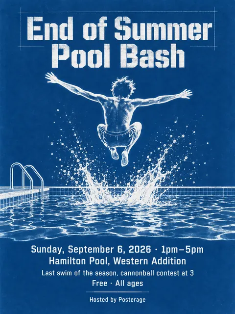 Cyanotype / Blueprint style party flyer for a fictional pool: End of Summer Pool Bash