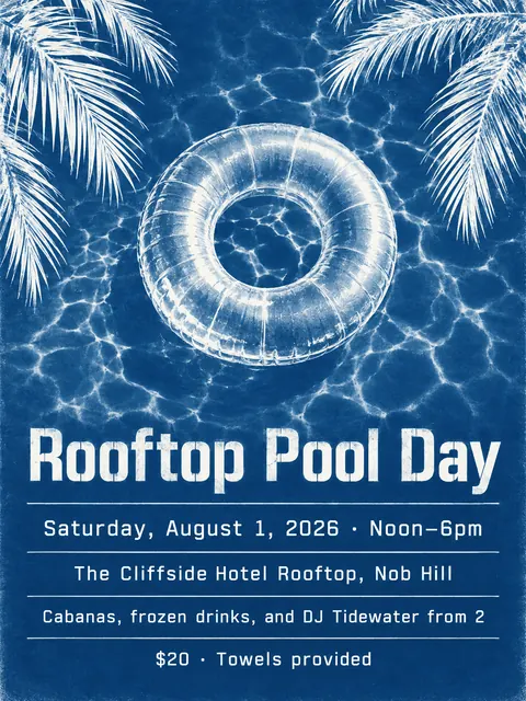 Cyanotype / Blueprint style party flyer for a fictional pool: Rooftop Pool Day