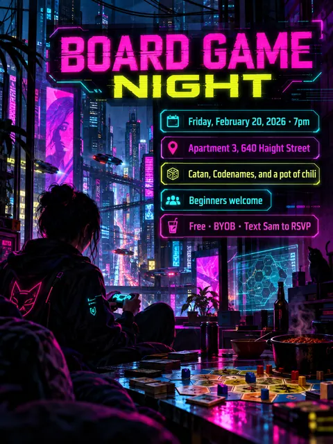 Cyberpunk style party flyer for a fictional house: Board Game Night