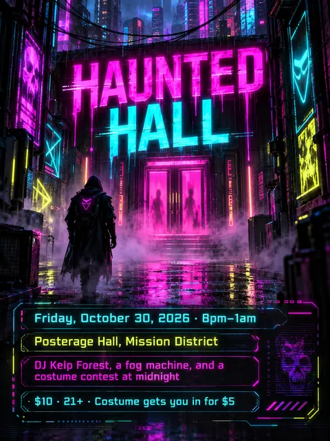 Cyberpunk style party flyer for a fictional halloween: Haunted Hall