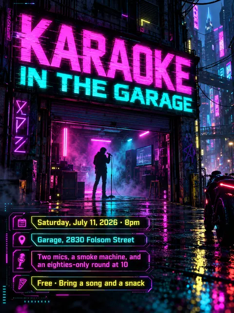 Cyberpunk style party flyer for a fictional house: Karaoke in the Garage