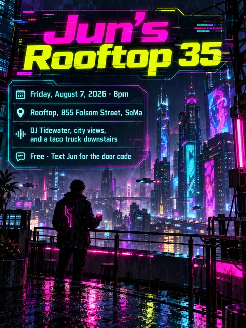 Cyberpunk style party flyer for a fictional birthday: Jun's Rooftop 35